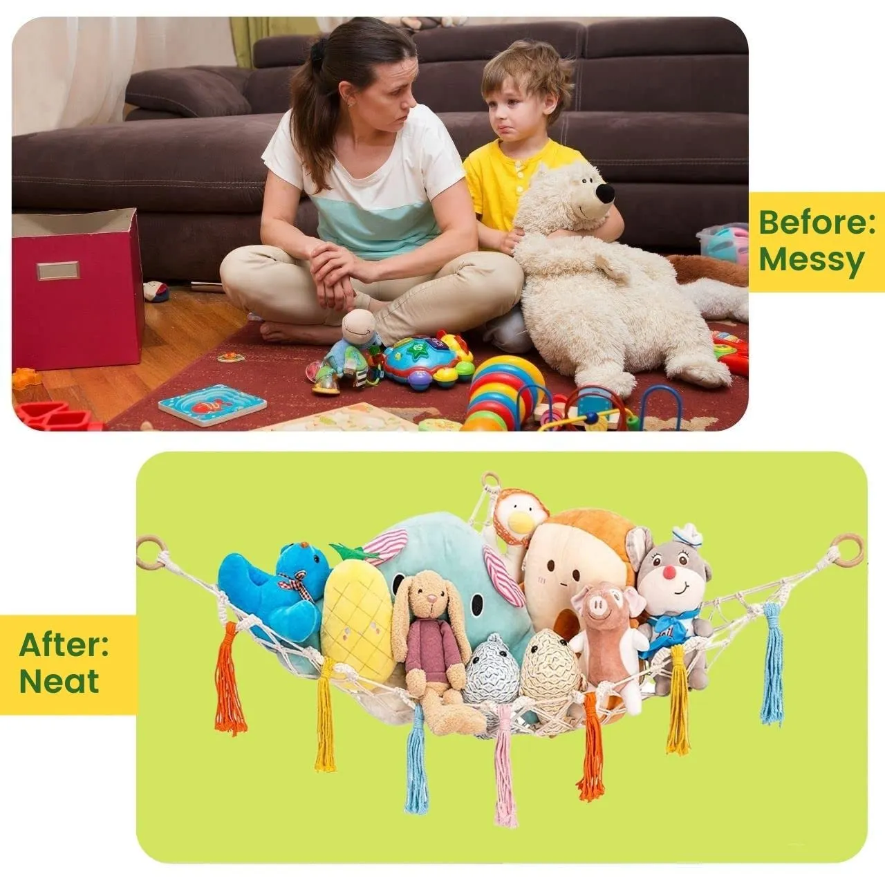 ecofynd Stuffed Animal Toy Hammock, Hanging Cotton Organizer Storage for Soft Toys, Boho Large Corner Plush Toys, Net Holder for Nursery Kids, Play Room, Bedroom, Kid Room (BH010)