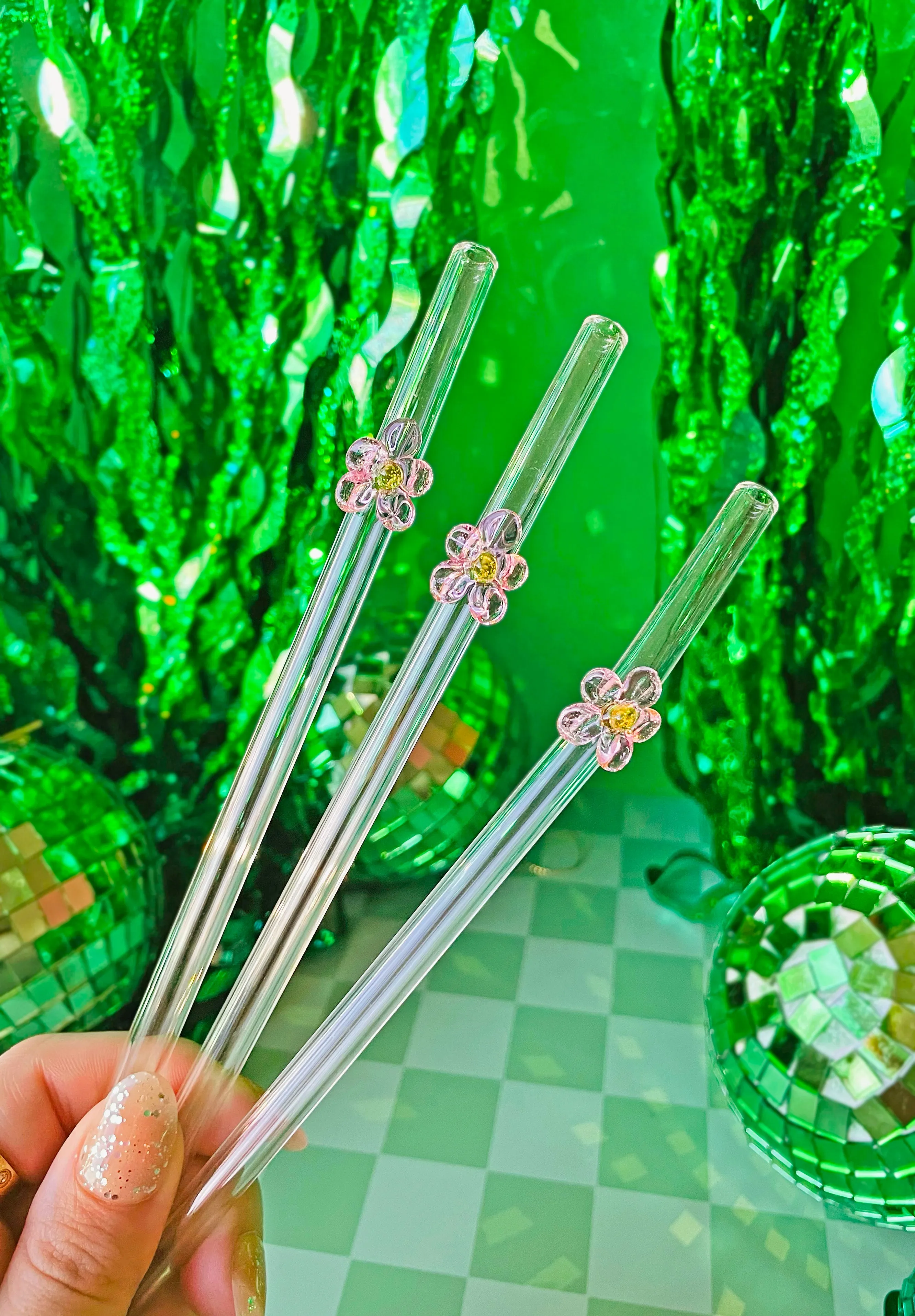 Reusable Glass Charm Straw - Pink Flower