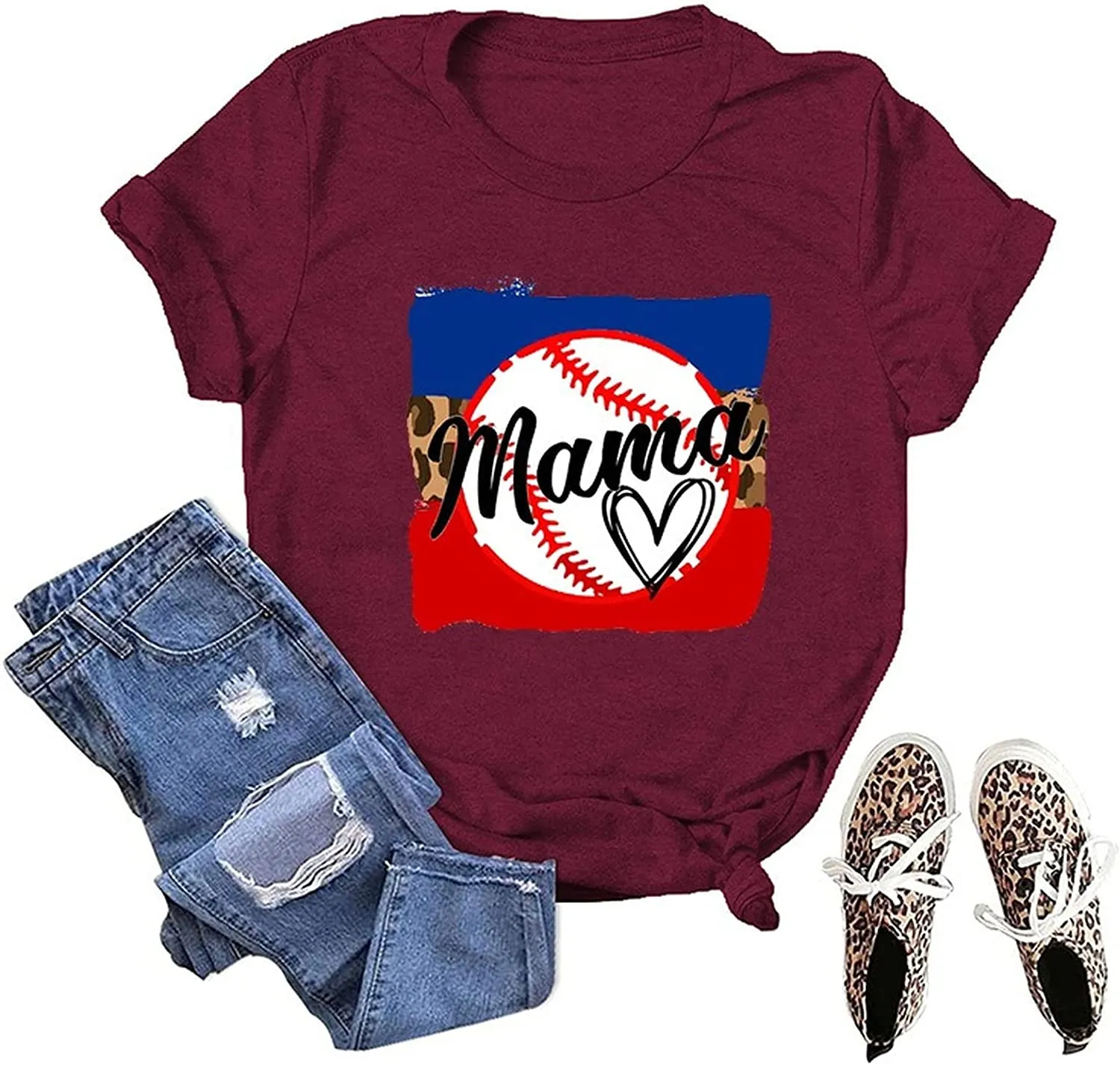 Women Baseball Mama T-Shirt Funny Baseball Mom Tees Tops